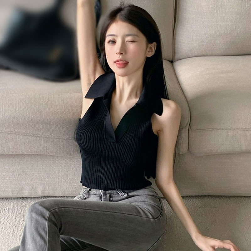 Women's V-Neck Knit Lapel Camisole Vest Summer Sleeveless Cotton Outer Short Tops