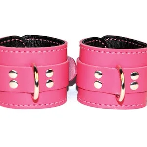 pornhint Pornhint Leather Locking Cuffs - Pink with Black Lining - Pair of Wrist Cuffs (or) Ankle Cuffs - Your choice of Stitching Color