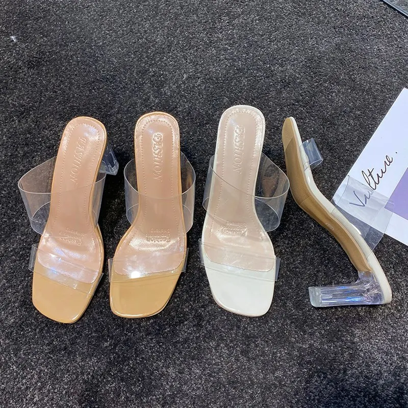 Breakj Breakj New Summer Transparent Heel High Heel Simple PVC Cool Slippers With Toe Women's Shoes