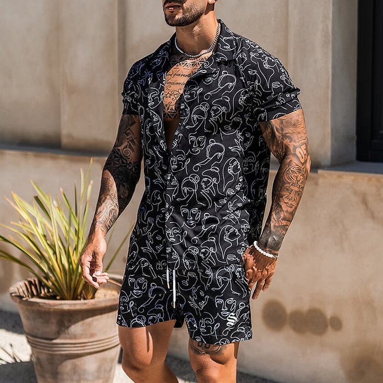 BrosWear Fashion Casual Art Face Print Beach Shirt And Shorts Co-Ord