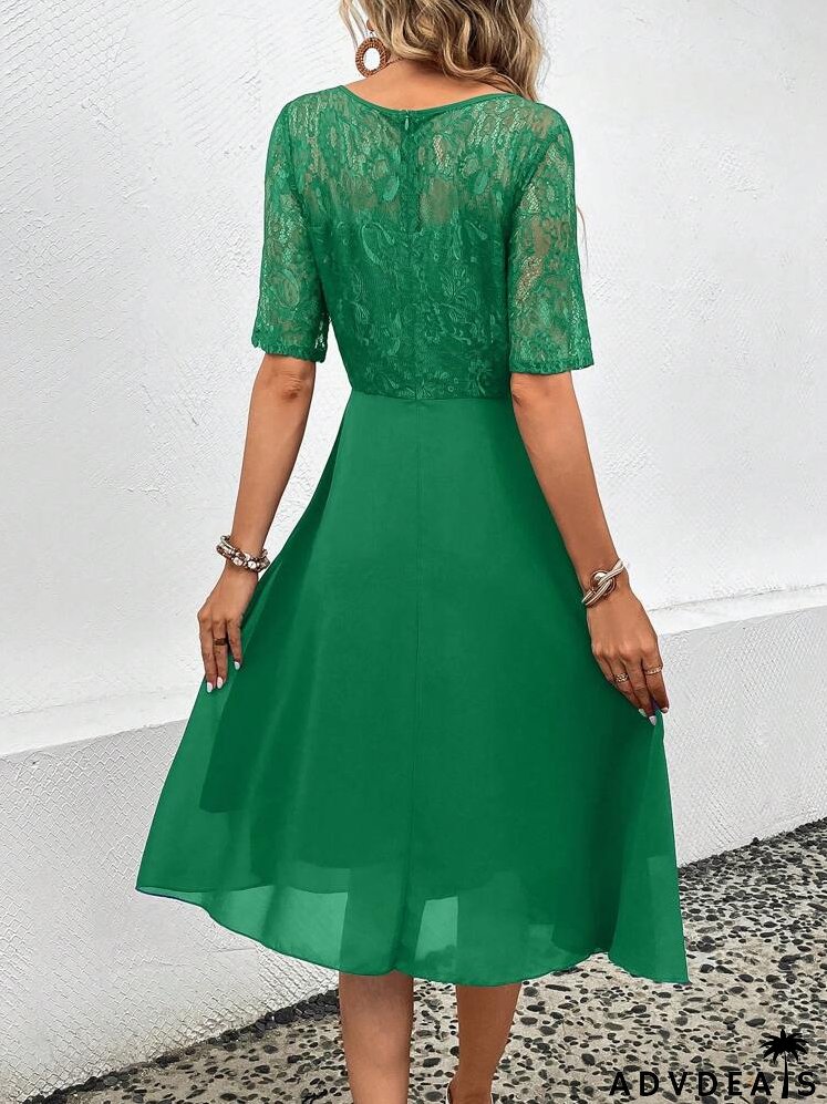 Contrast Lace Ruffle Trim Lace Bodice Dress