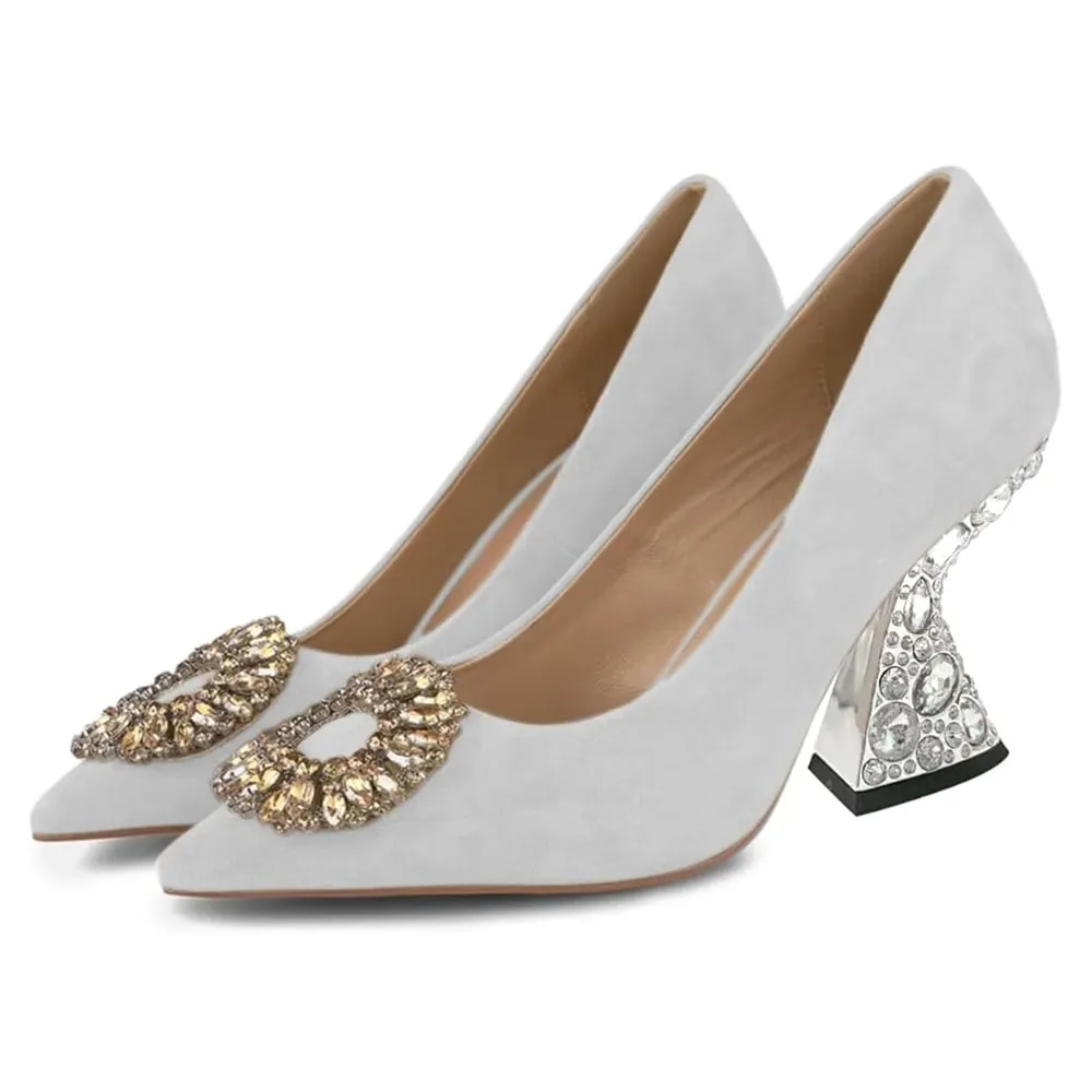 White Vegan Suede Rhinestone Decor Sculptural Heel Pumps Shoes