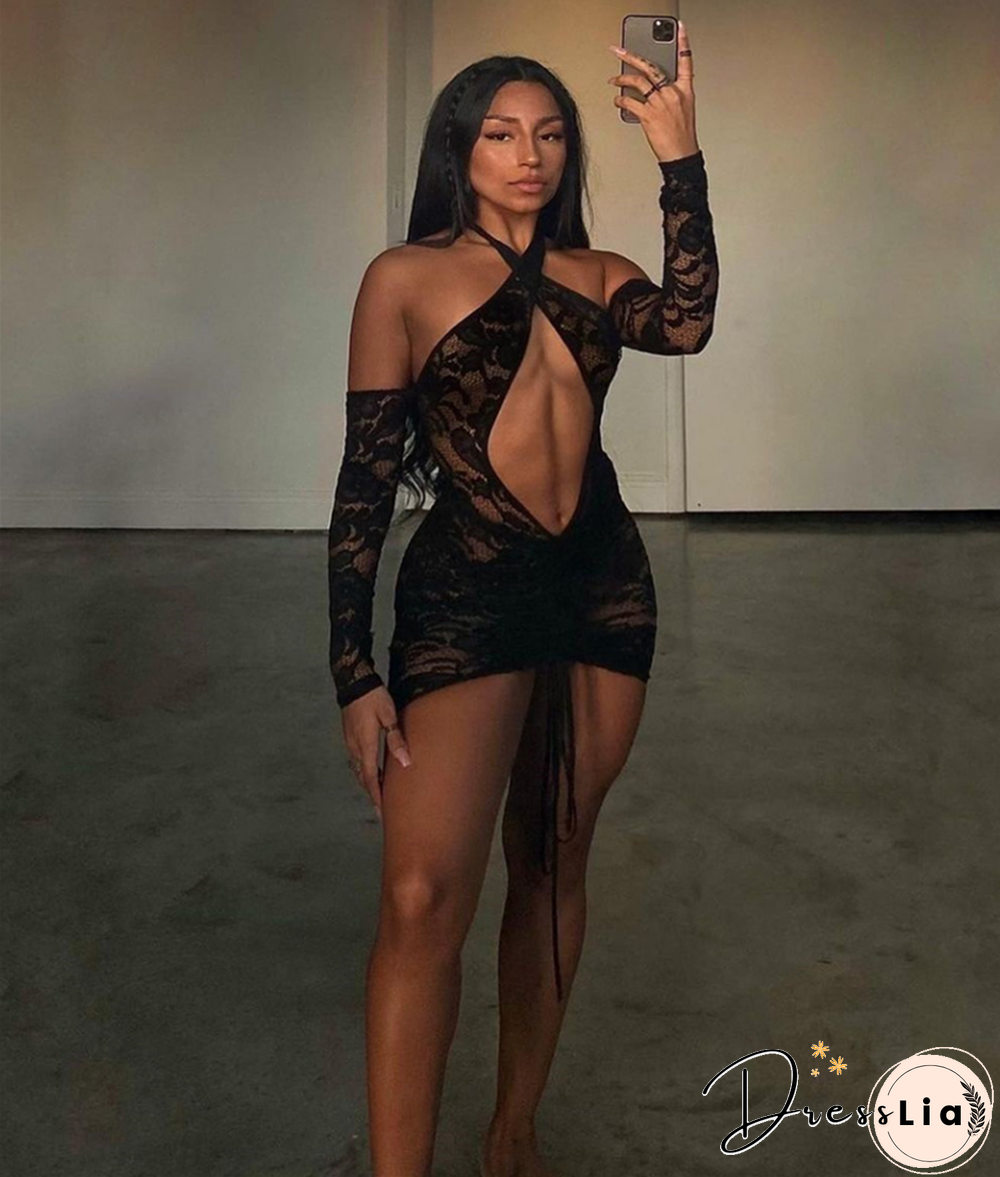 Lace Drawstring Ruched Long Sleeve Backless Dresses