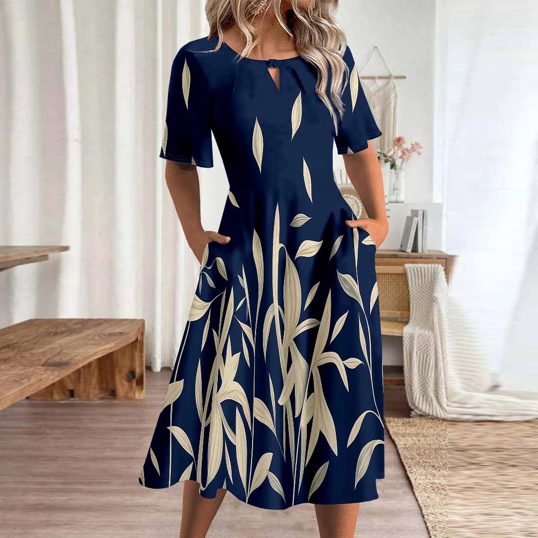 Women Floral,Blue DZHA8179 Short Sleeve Scoop Neck Graphic Printed Hollow Midi Dress