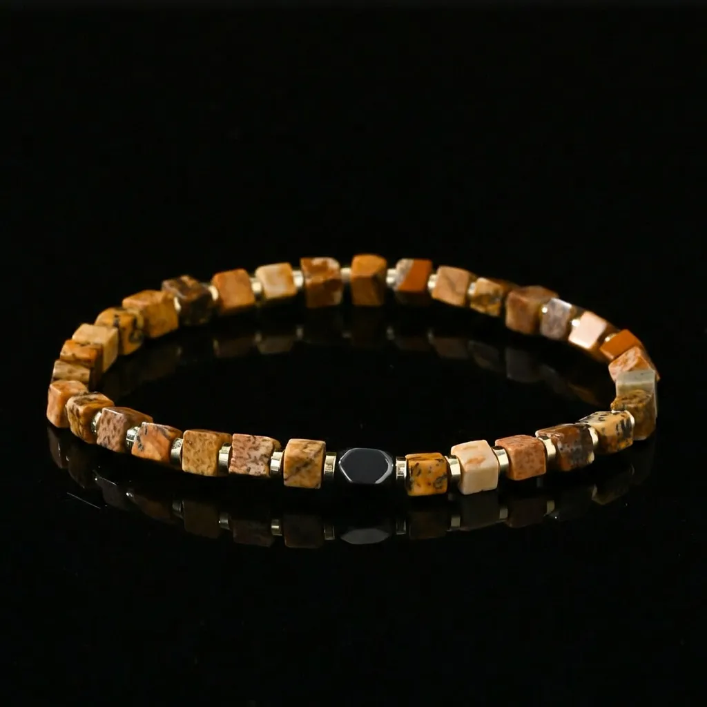JiStones Urban Geometric: Hematite & Veined Stone Cube Bracelet