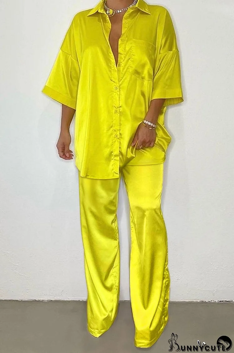 Yellow Casual Solid Patchwork Buckle Turndown Collar Half Sleeve Two Pieces