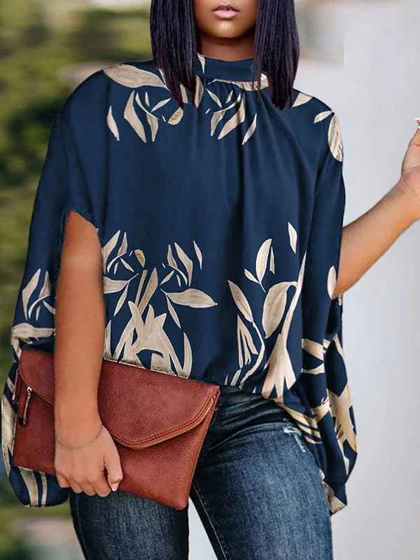 Printed Pleated Loose High-low Mock Neck Blouses&shirts Tops