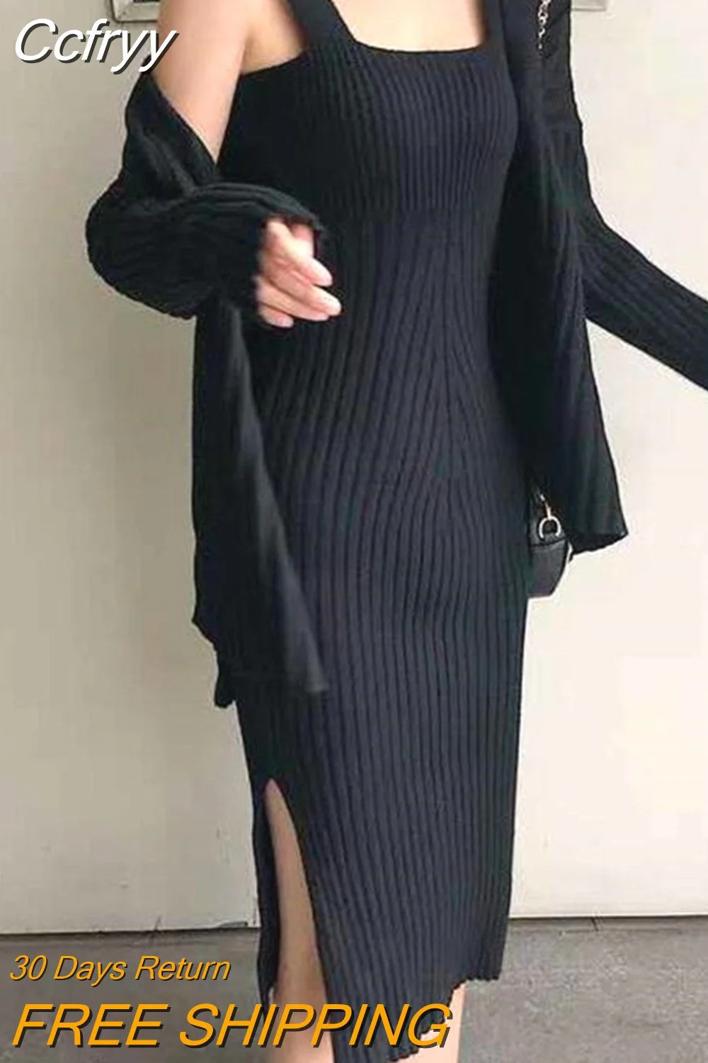 Huibahe Women Knitted Cardigan And Dress Suits Mid-Calf Length Long Sleeve Strap Dress 2 Piece Female Knitted Sweater Set QT128