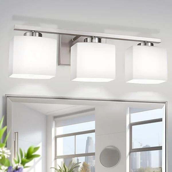 27-Inch Modern Bathroom Light Fixtures, 3-Light Nickel Bathroom Lighting Fixtures Over Mirror with Milk Glass Shades, Vanity Lights for Bathroom Living Room Bedroom Laundry Room, E26, ETL Brushed Nickel 3-Light