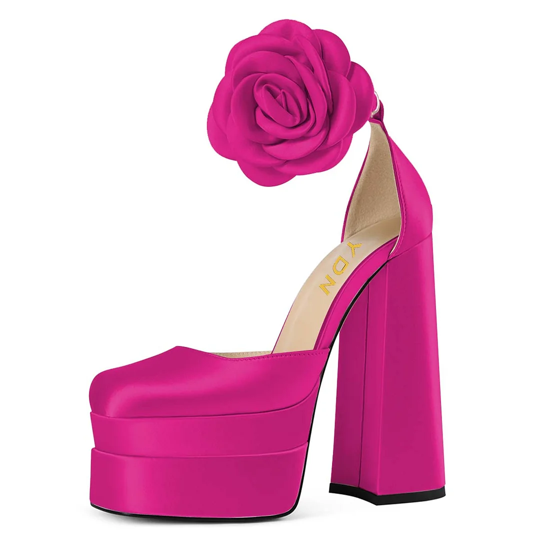 Hot Pink Satin Square Toe Chunky Heel Platform Pumps with Flower