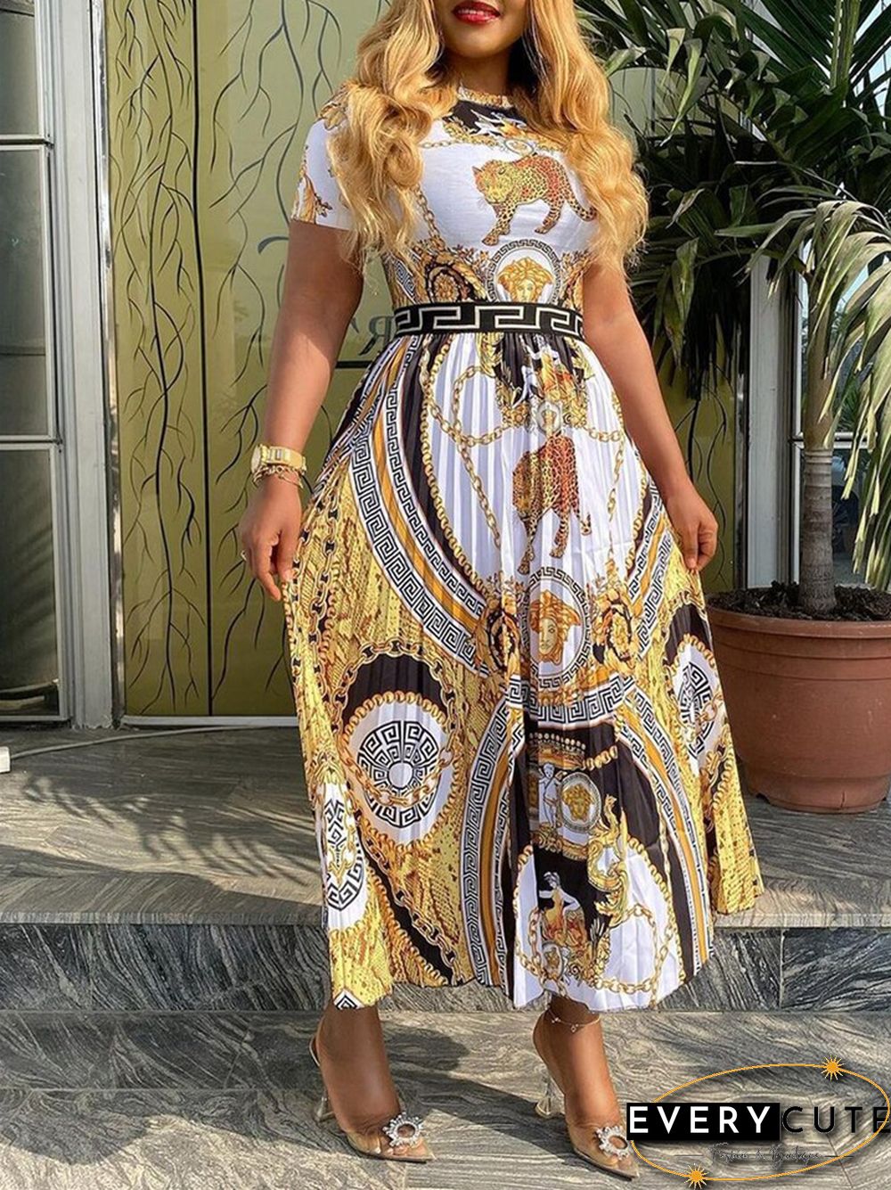Large Fashion High Waist Long Skirt Print Temperament Commuter Pleated Dress