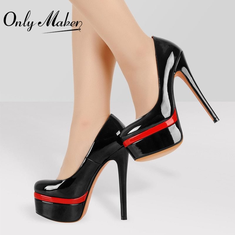 Onlymaker Women's Pumps Black Patent Leather Double Platform 16cm Thin High Heels Slip On Stilettos Party Dress Sexy Shoes
