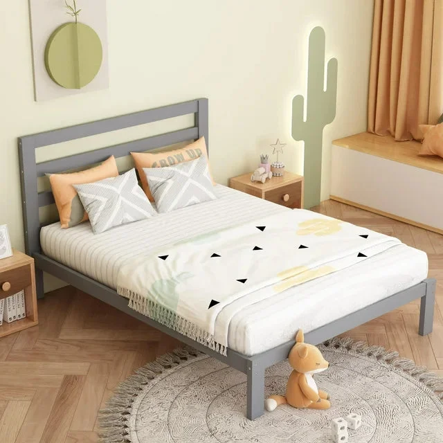 LegaHome Gray Wooden Twin Platform Bed Frame with Headboard, Twin Size Bed Frame for Kids Boys Girls Teens, No Box Spring Needed