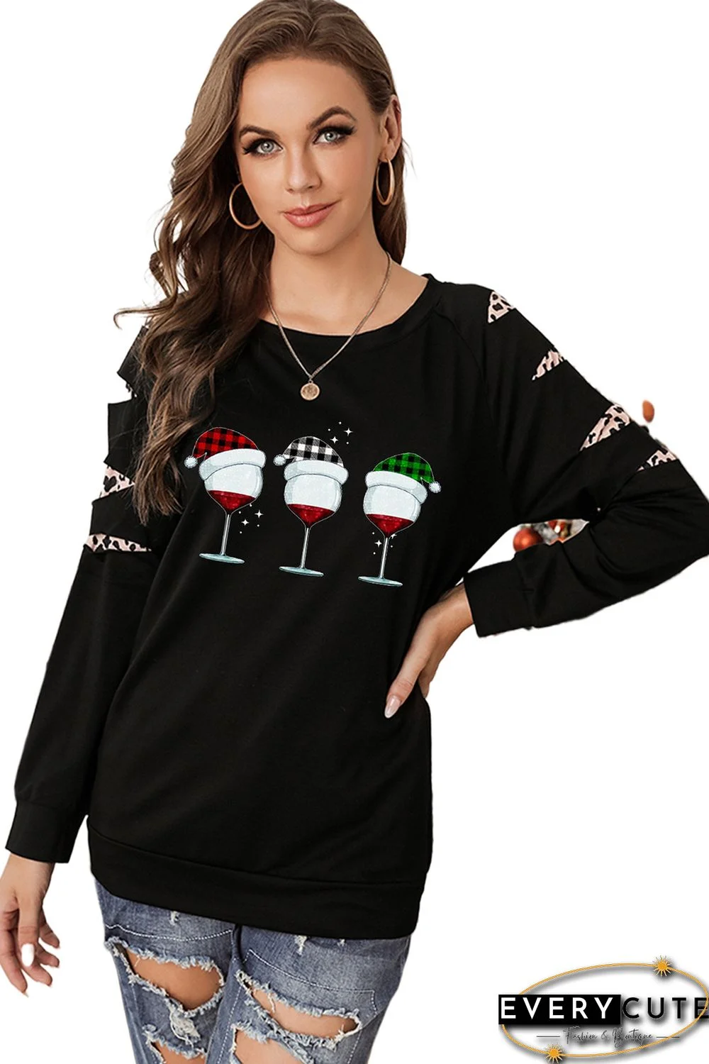 Christmas Graphic Print Cut-out Long Sleeve Sweatshirt