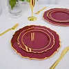 10 Pack | 8" Burgundy Plastic Dessert Salad Plates, Disposable Tableware Round With Gold Scalloped Rim