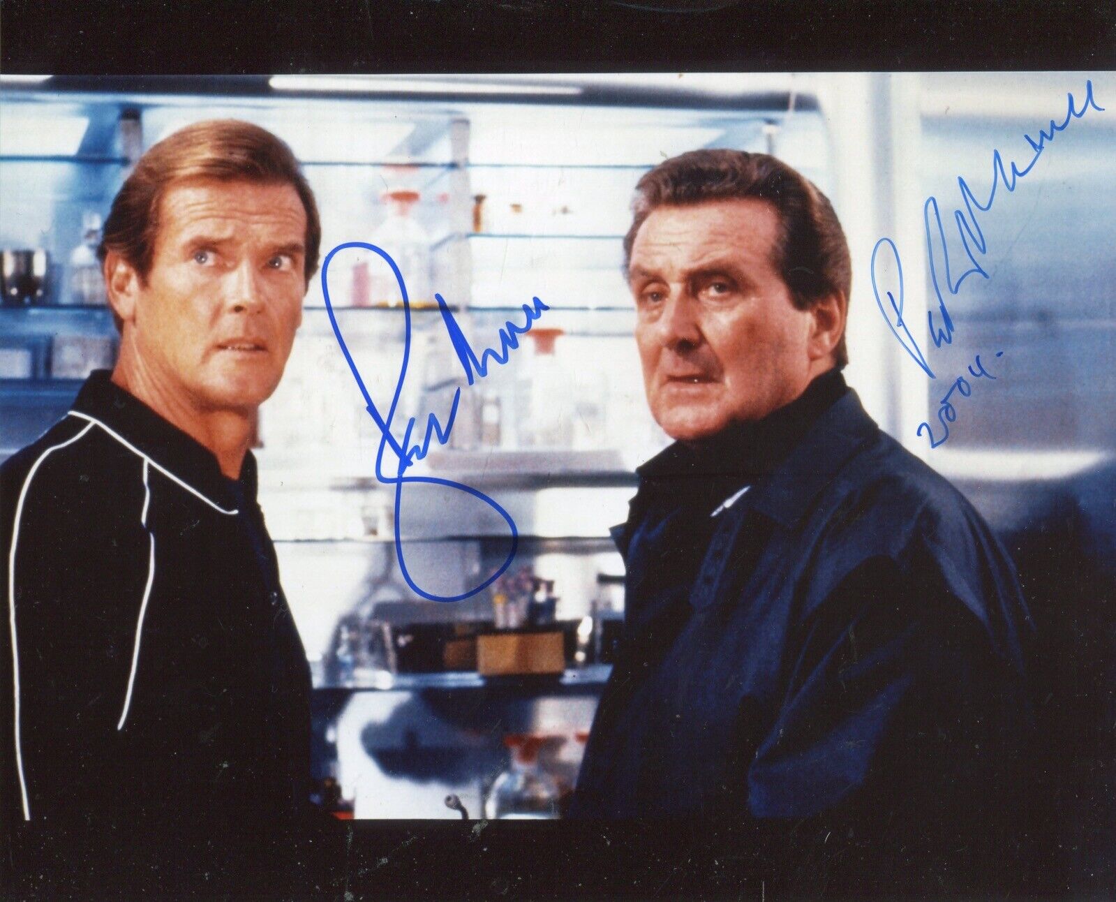 007 James Bond Roger Moore & Patrick Macnee signed A view to a Kill movie Photo Poster painting