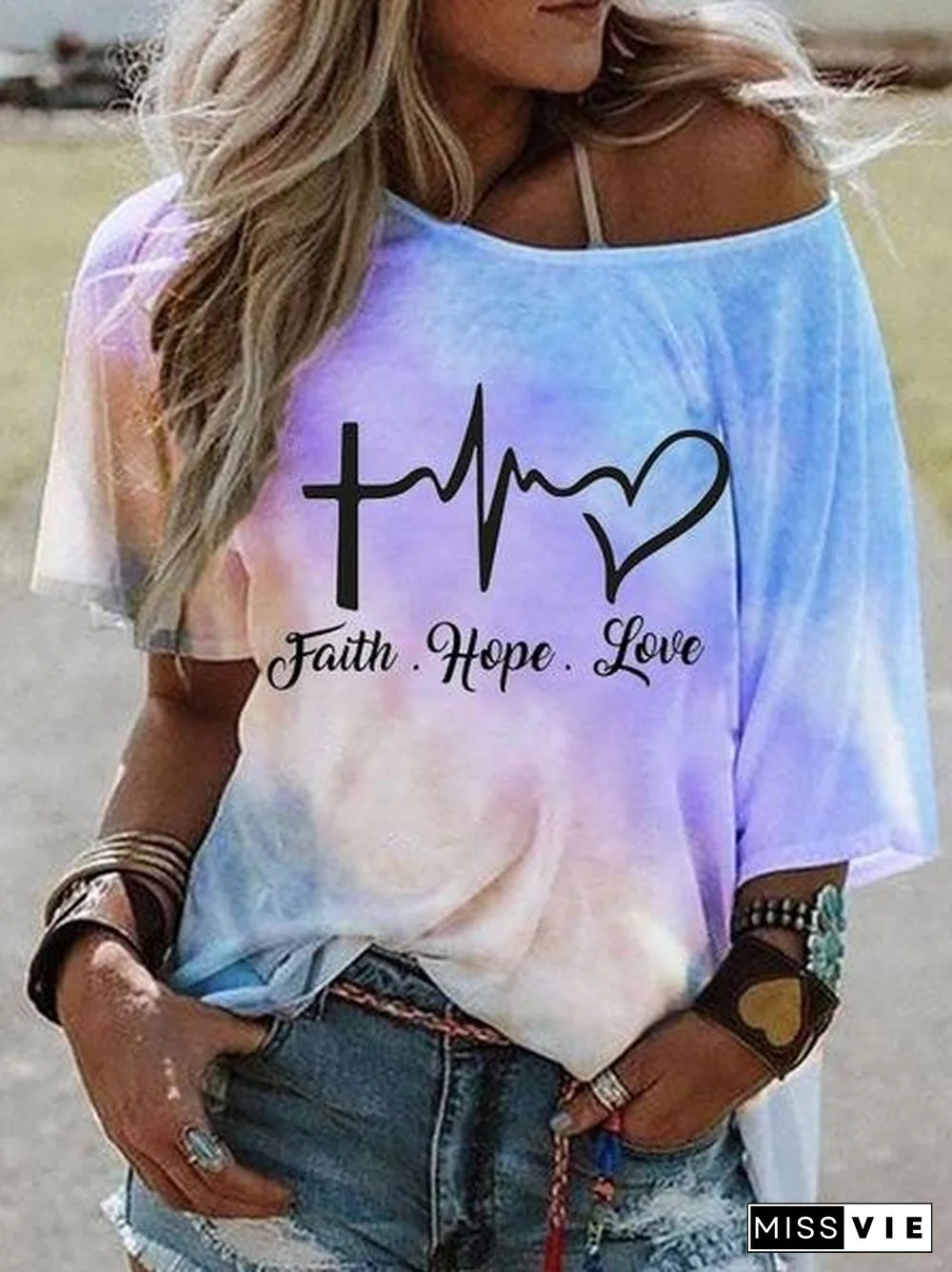 Hot-selling Stylish Tie-dye Gradient Print Short-sleeved Stiletto Off-the-shoulder Top T-shirt