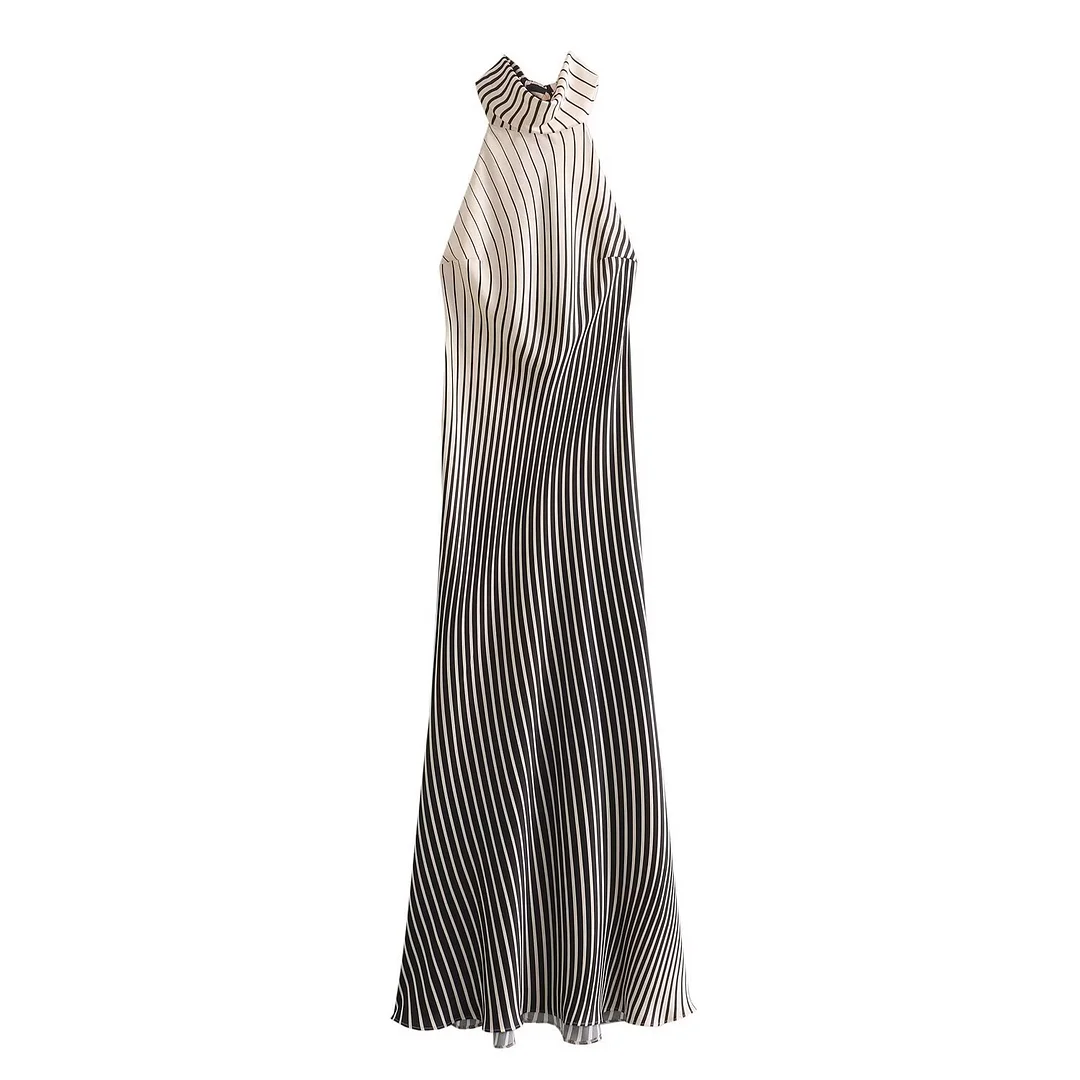 Woherb Woherb 2024 New Women's Fashion Casual Silk Satin Texture Striped Dress 3142009-Outfit Ideas