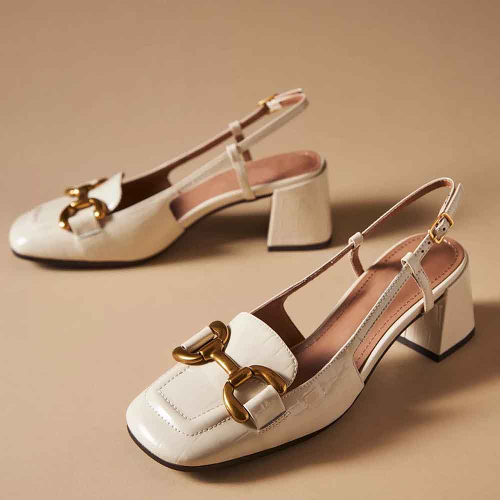 Beige Patent Leather Square Toe Chunky Heel Slingback Pumps Nicepairs