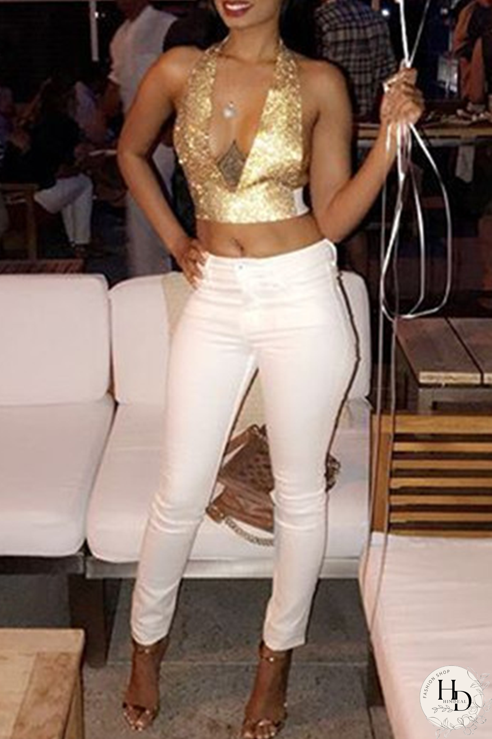 Silver Sexy Solid Split Joint Halter Tops