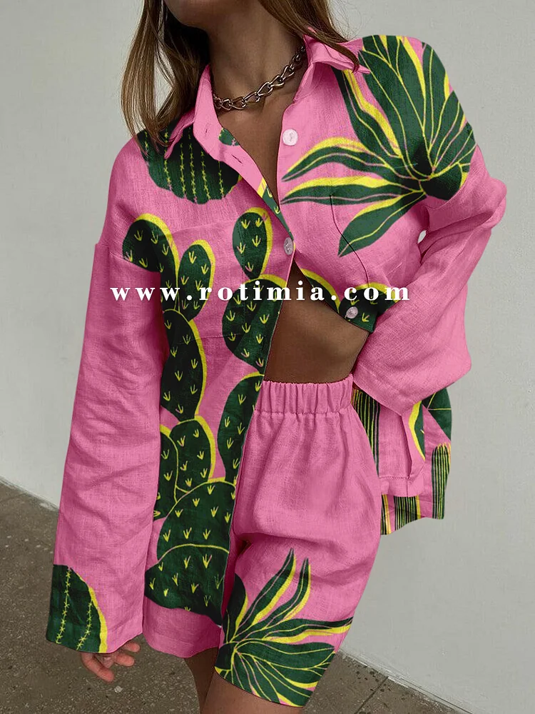 Contrast cactus print two-piece set