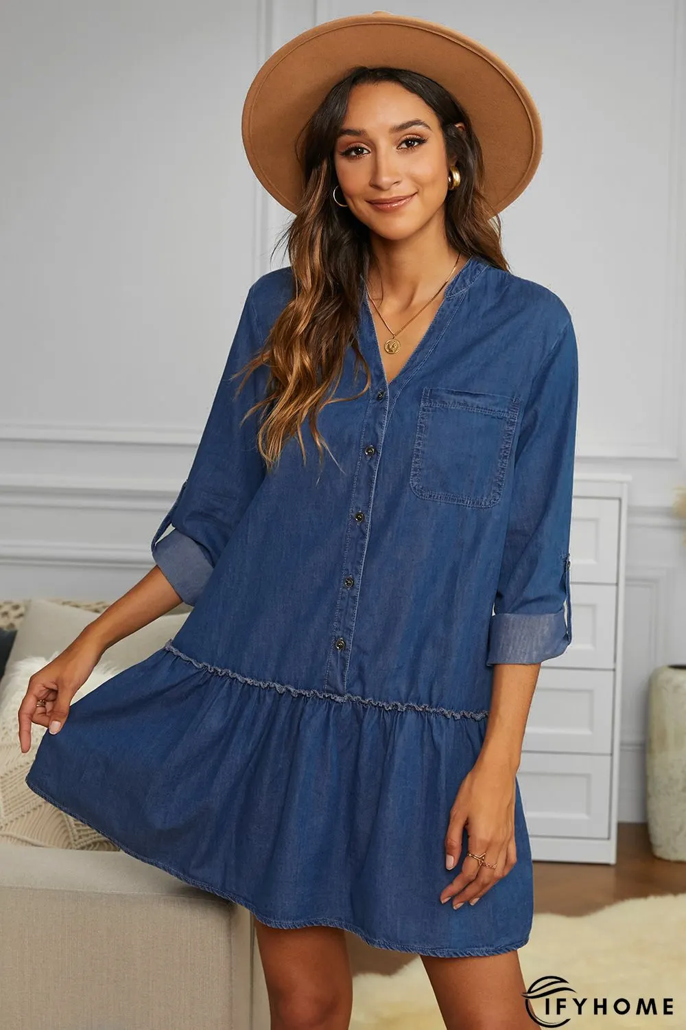 Pocketed Ruffled Denim Shirt Mini Dress | IFYHOME