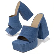 【OPEN YY】 ROUND TOE MULES DENIM BLUE Women's Blue Denim Open Square Toe Platform Mules with