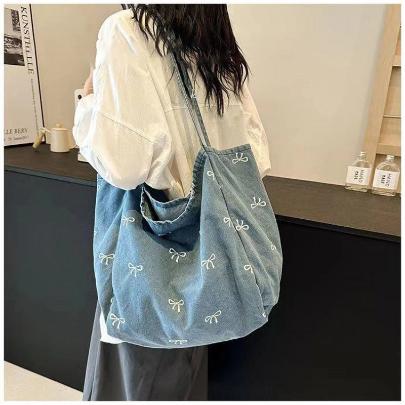 Women’s Large Denim Bow Knot Elegant Streetwear Square Open Tote Bag