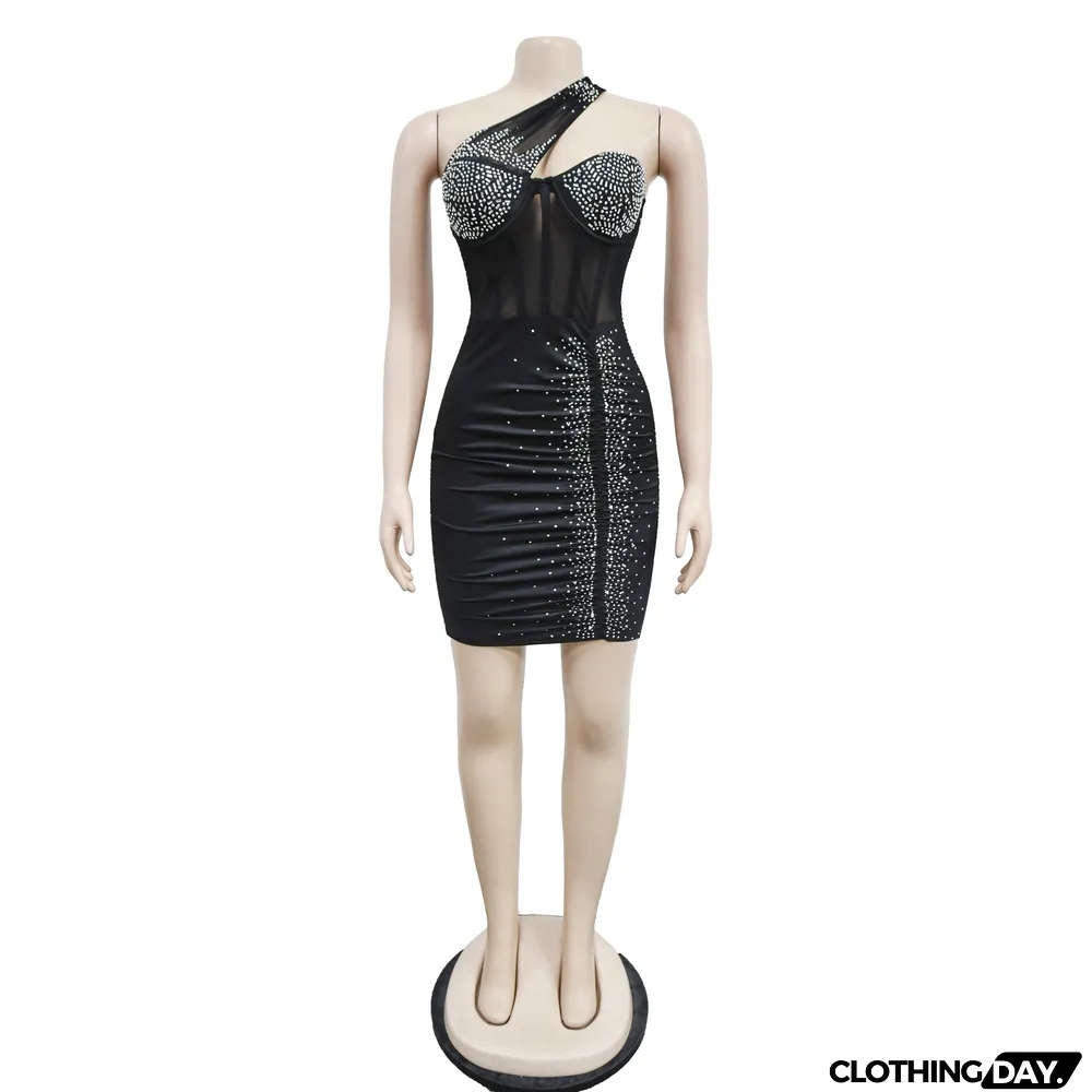 Women's Fashion Solid Color Beaded Mesh Sleeveless Slash Shoulder Dress