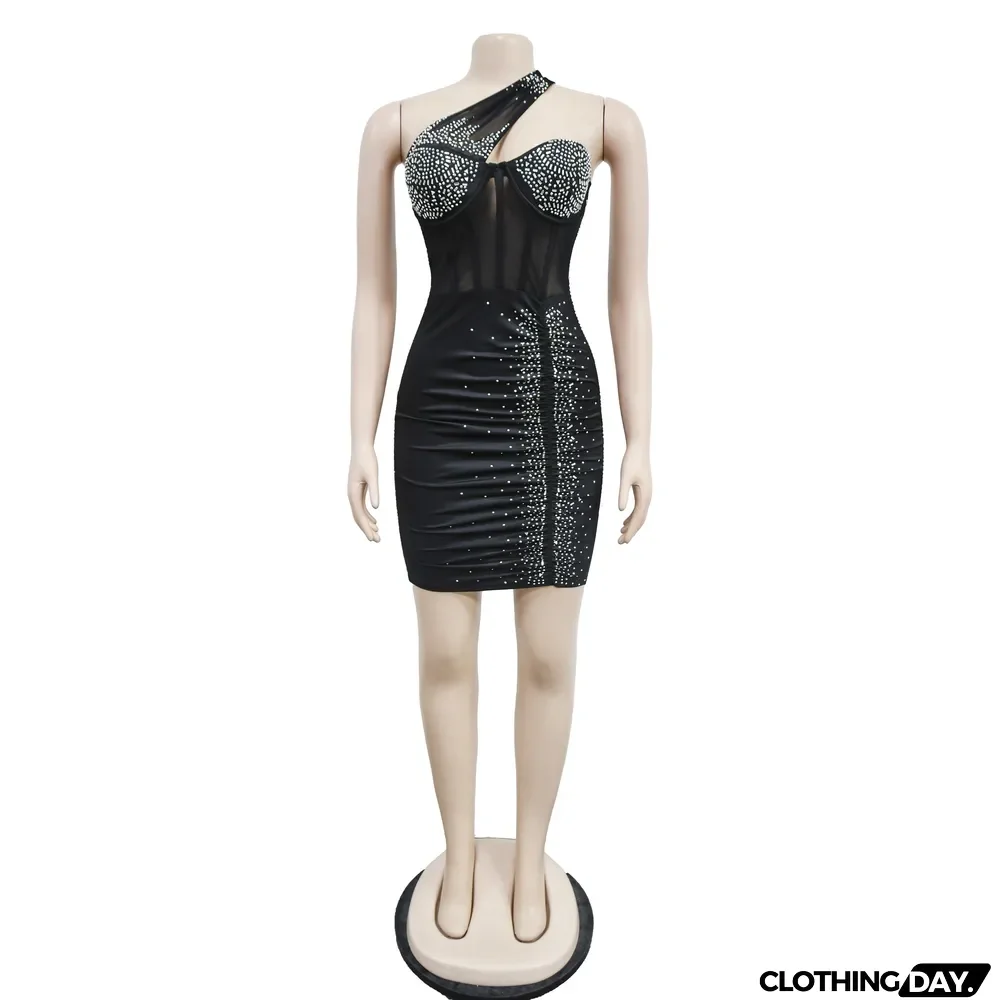 Women's Fashion Solid Color Beaded Mesh Sleeveless Slash Shoulder Dress