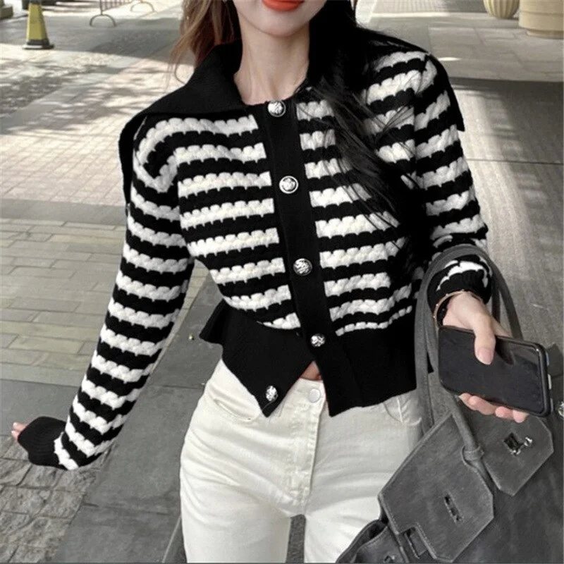 Wongn Japanese Preppy Style Sweater Coats Ladies Western Style Navy Collar Long Sleeves Clothing 2022 Autumn Stripe Cardigans