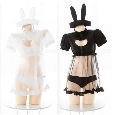 Black/White Kawaii Bunny Heart Hollow Unifrom Lingerie Set SP14111