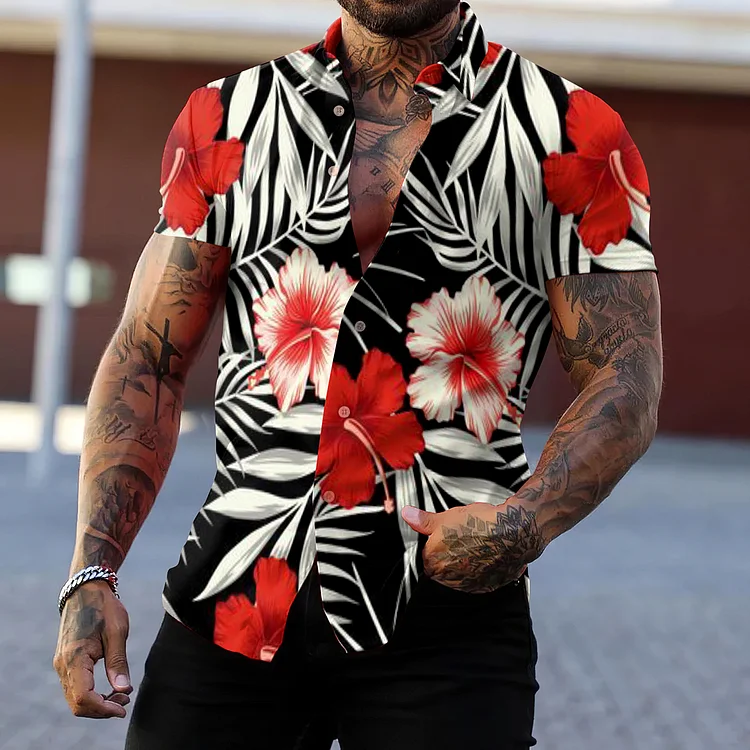 BrosWear Fashion Black Red Flower Print Short Sleeve Shirt