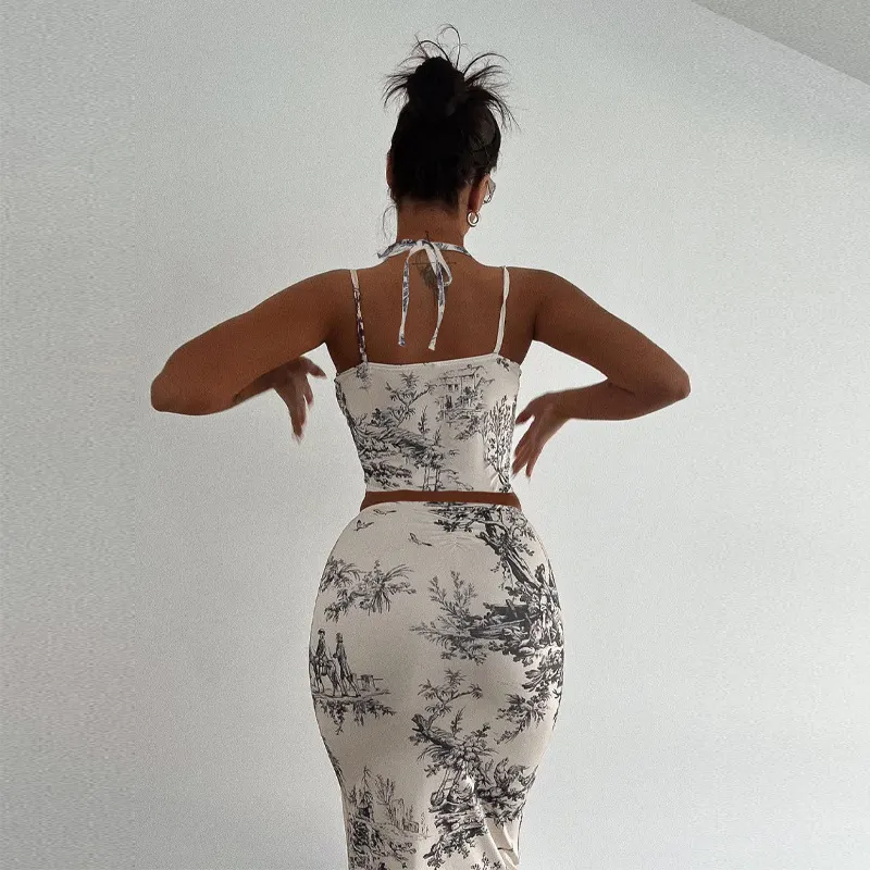 Uveng Uveng Vintage Style Slim Print Skirt Two-Piece Fashion Suit Girl