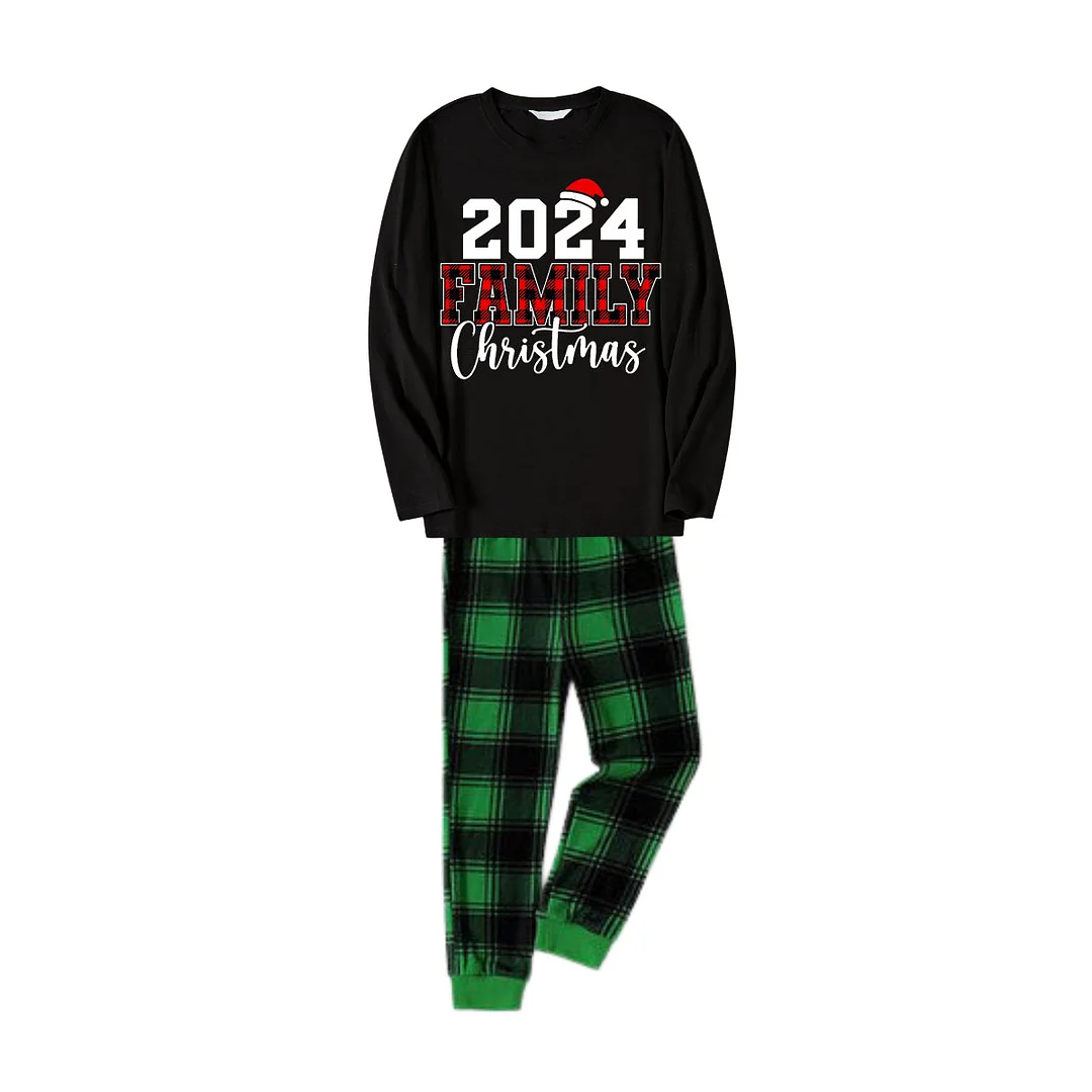 "2024 Family Christmas" Text Printed Black and Green Plaid Family Matching Pajamas