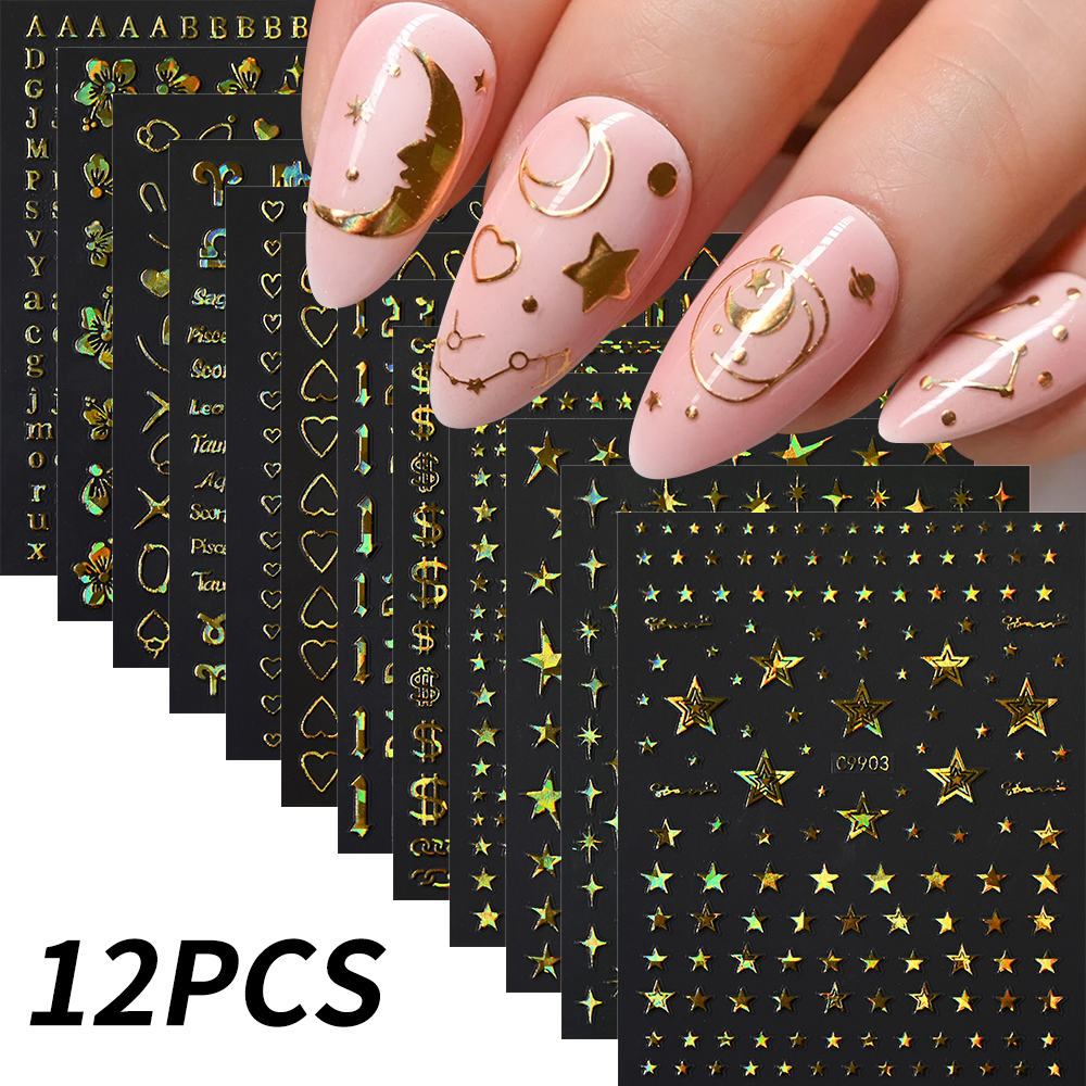 Bonusgor 12Pc Constellation Nail Stickers Pisces Aries Scorpio Alphabet Symbol 3D Bronzing Nail Art Sticker Self Adhesive Manicure Decals