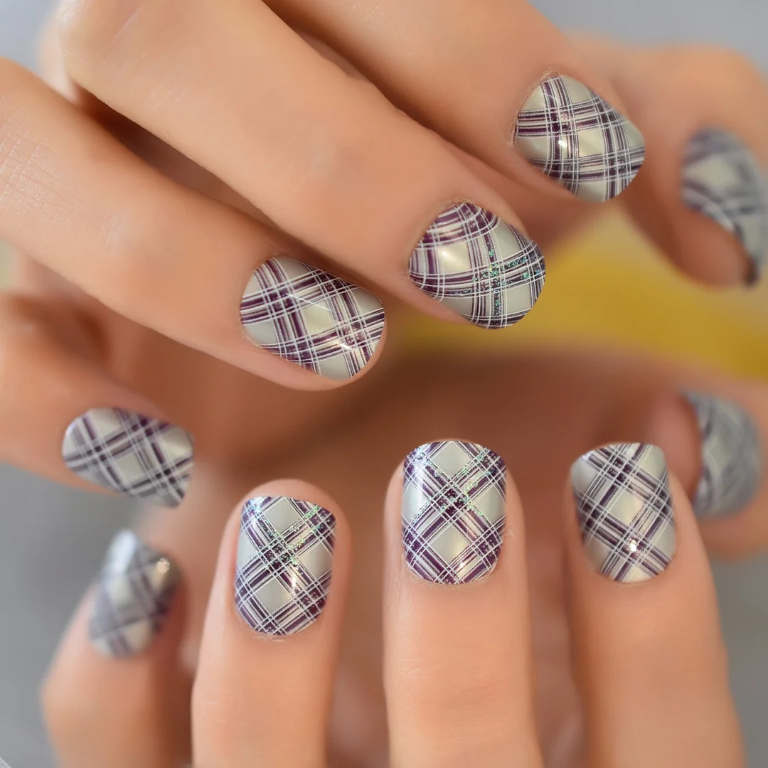 24pcs Short False Nail French Tip Kits Elegant Grey Purple Artificial Nail Lattice Design Professional Press On Nail-Nail Inspo