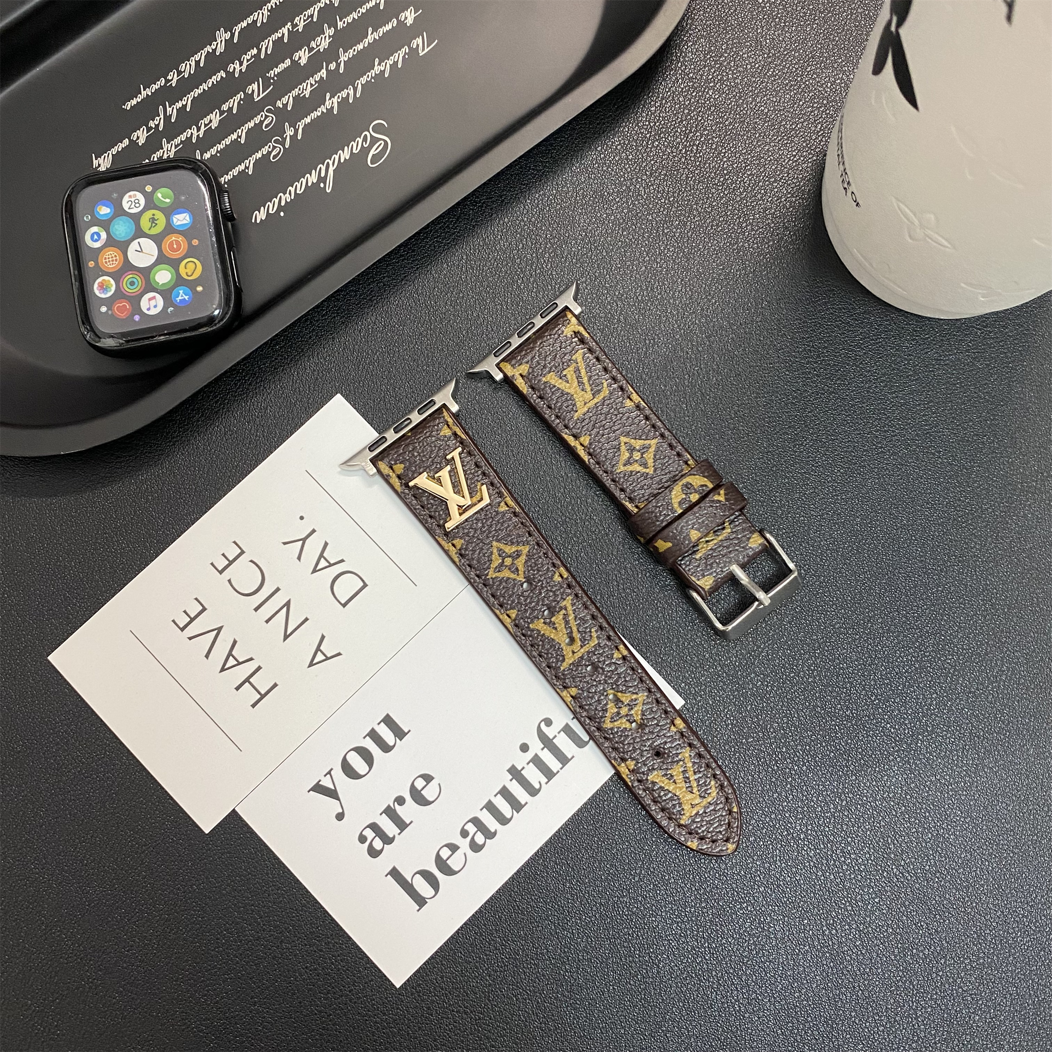Legendary Metal LV Monogram Label Canvas Leather Apple Watch Strap