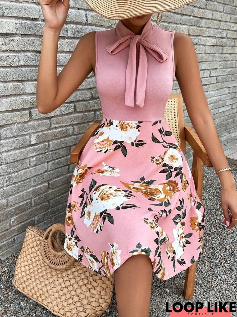 Printed Skirt Bow Tie Dress