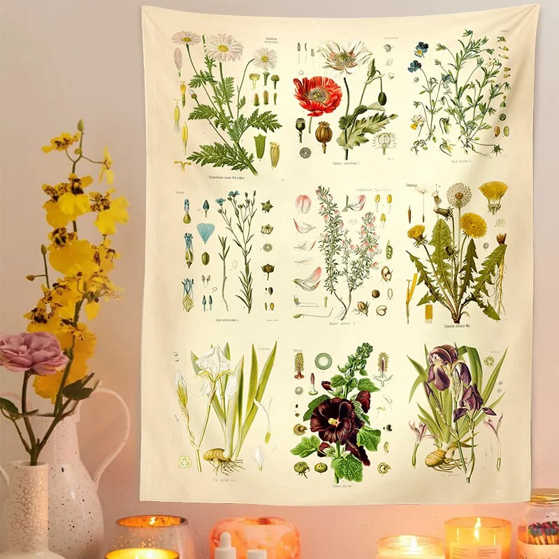 Botanical Wildflower Tapestry Wall Hanging Vintage garden Hippie floral art Tapestries Colorful Psychedelic INS Home Decor