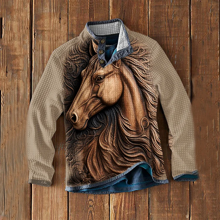 Horse Printed Waffle Collar Sweatshirt