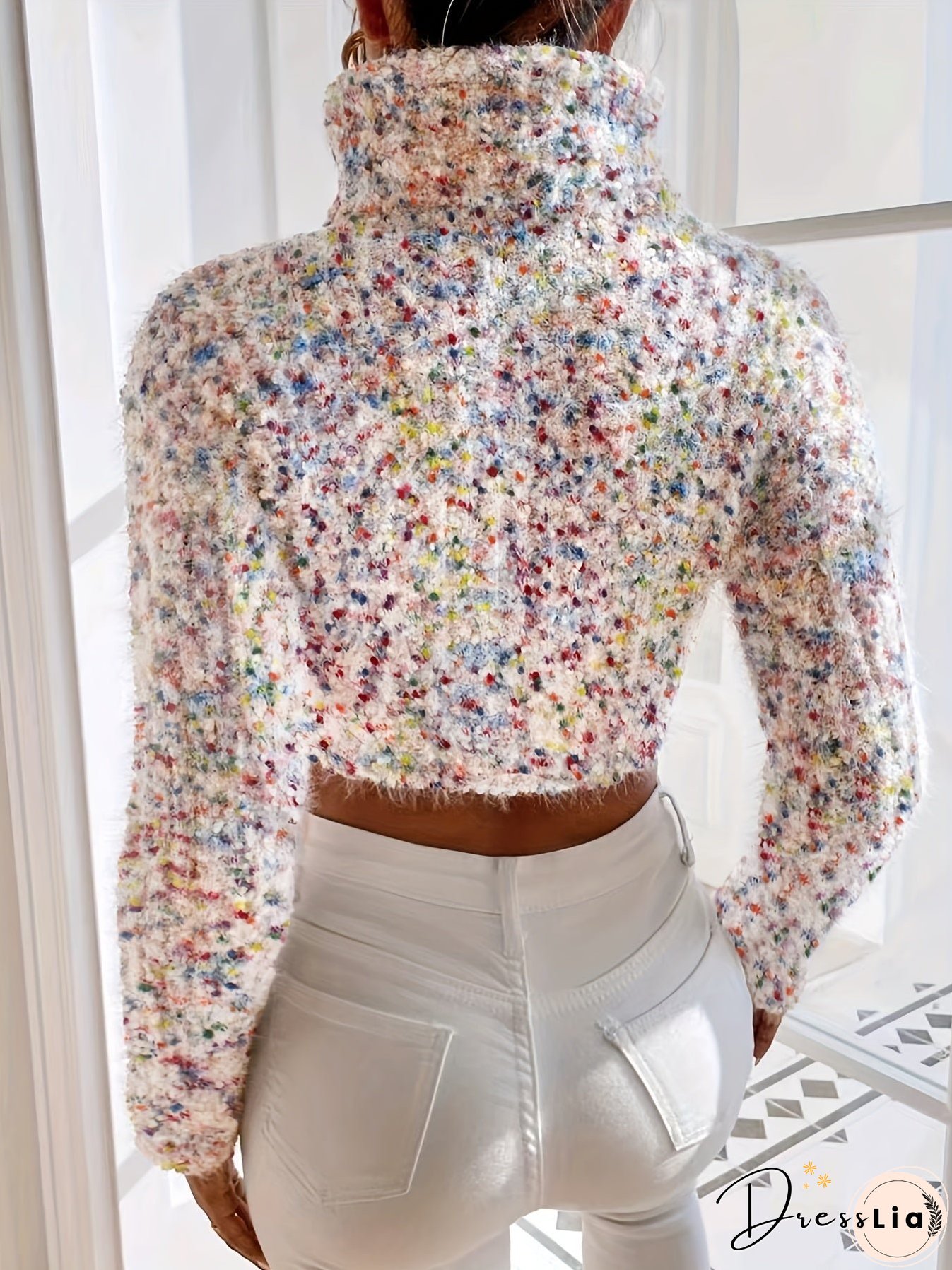 Colorful Dot Turtle Neck Pullover Sweater, Casual Long Sleeve Crop Sweater, Women's Clothing