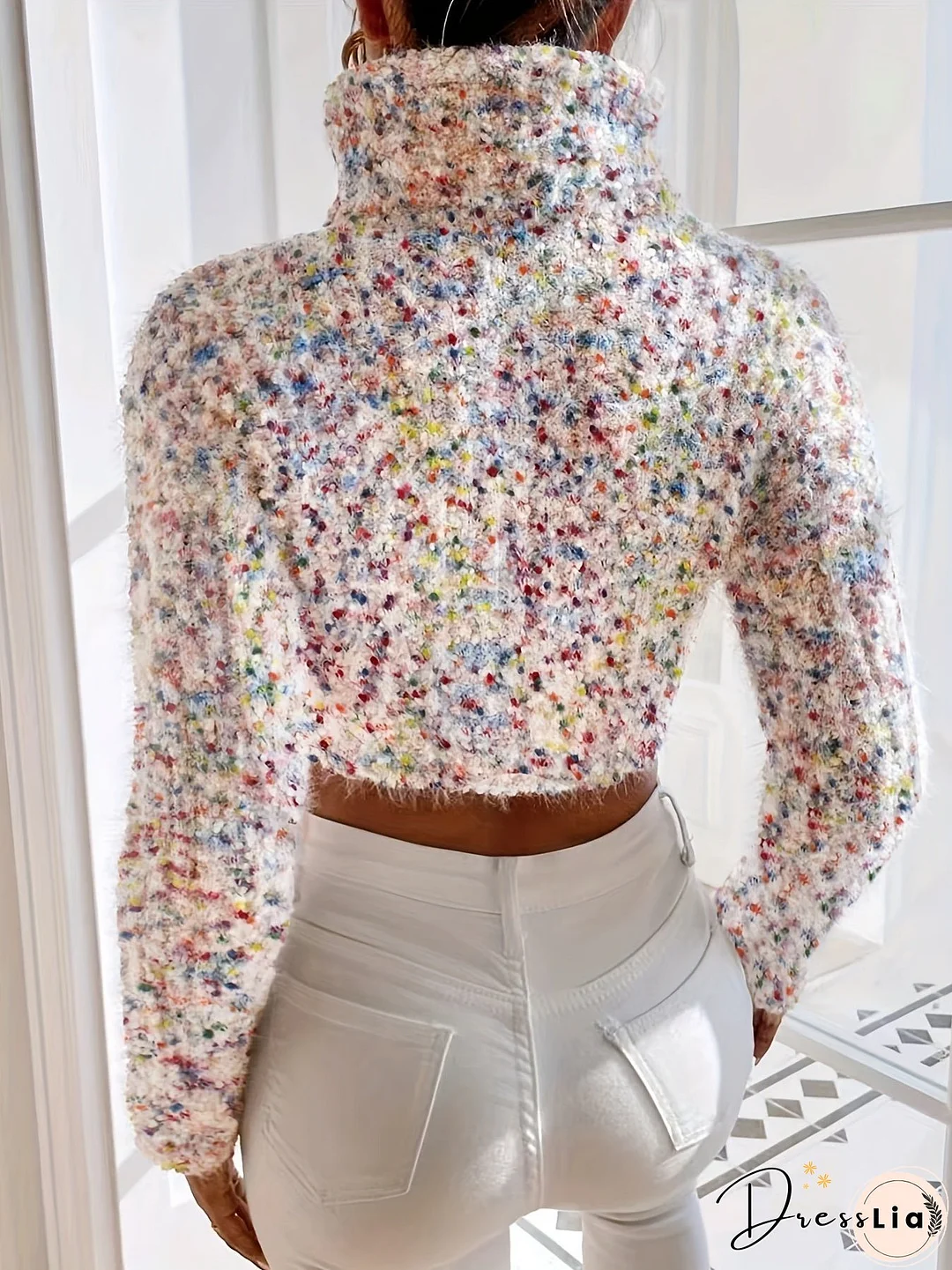 Colorful Dot Turtle Neck Pullover Sweater, Casual Long Sleeve Crop Sweater, Women's Clothing