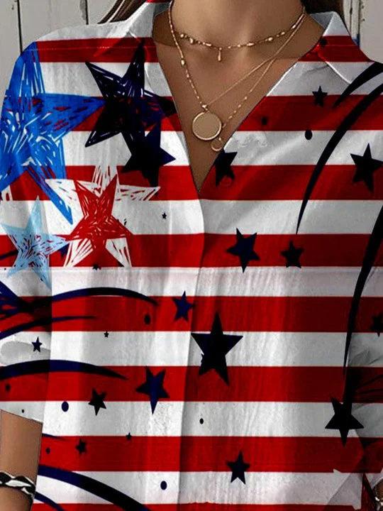 Women 3/4 Sleeve Shirt Collar National Flag Striped Printed Graphic Button Tops