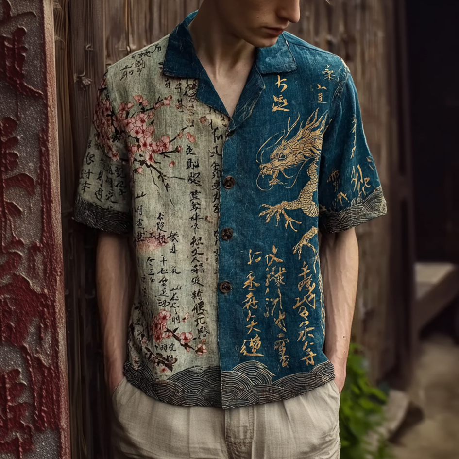 Japanese Art Retro Pattern Clash Color Design Men's Casual Linen Shirt elevenforest
