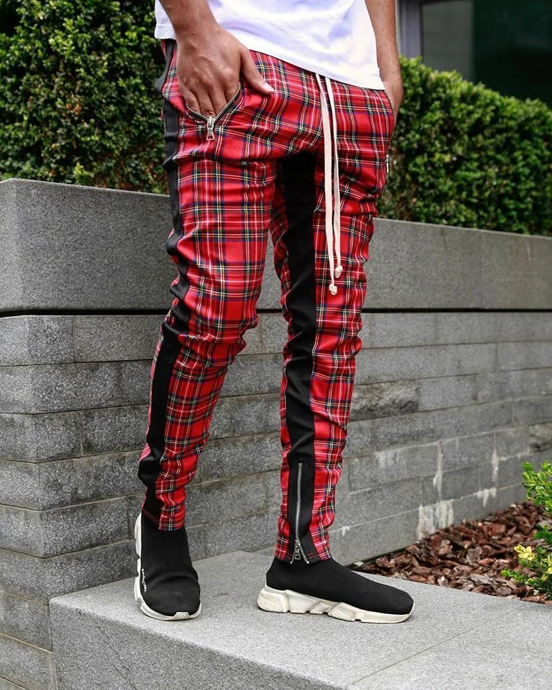 Men's Plaid Sports Red Skinny Pants