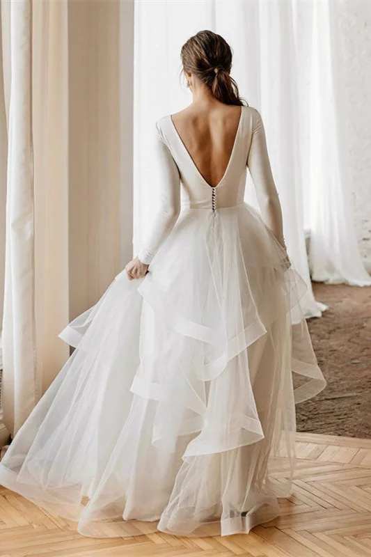 knee length dresses for ladies Chic Long White Mermaid Lace Beading Tulle Long Sleeves Wedding Dress
