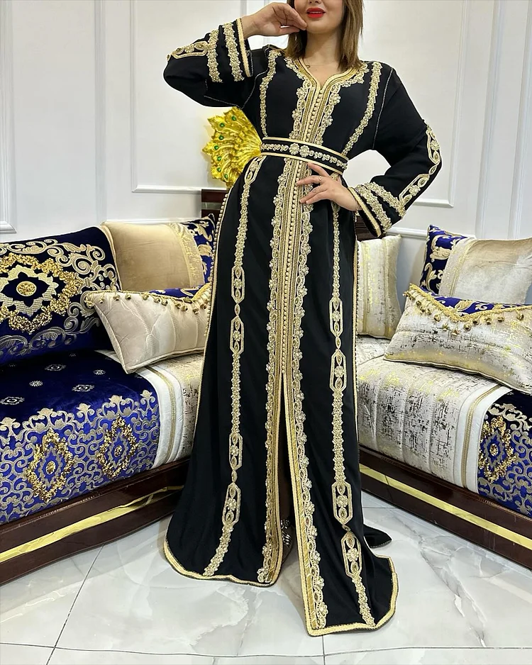 Women's V Neck Long Sleeve Embroidered Dress