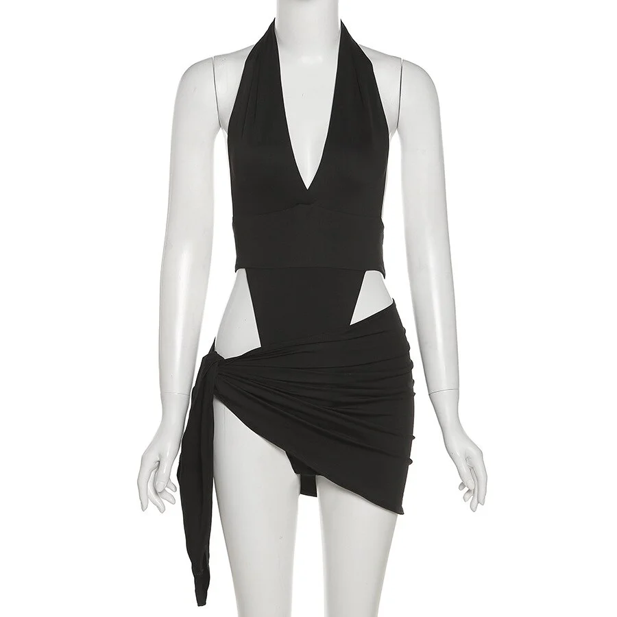 2023 Women Halter Backless  Mini Dress Summer Night Club Party Fashion Knitted Bodycon Dress Beach Purple Black