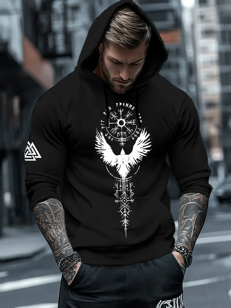 Vintage Vikings Raven Printed Totem Unisex Casual  Hoodie